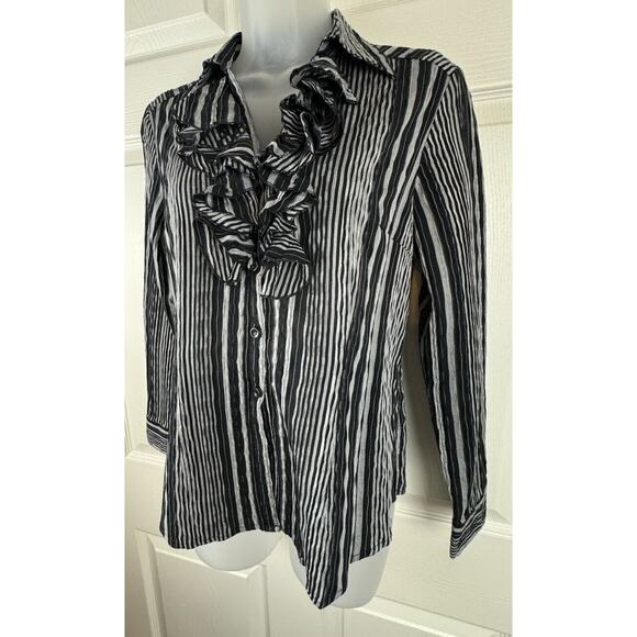 Spense Ruffled Collared Striped Shirt Black Gray cottagecore coquettish M 50-26 - Picture 6 of 15